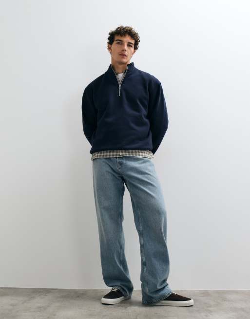 ASOS DESIGN essentials ruimvallende sweatshirt met kwartrits in navy, 2 van 5