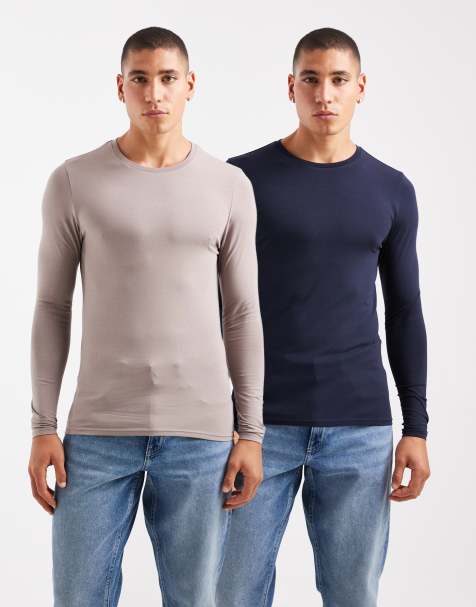 ASOS DESIGN – Essentials – Sandfärgad och marinblå t-shirt i muscle fit med långa ärmar, 2-pack - view 1