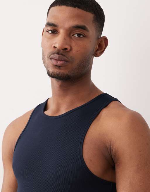 ASOS DESIGN - Essentials - Set van 2 geribbelde muscle fit hemdjes in blauw en marineblauw, 3 van 5