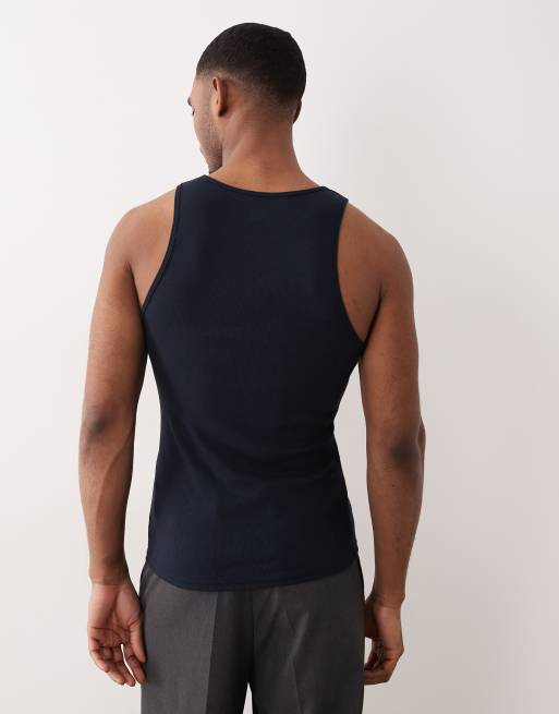 ASOS DESIGN - Essentials - Set van 2 geribbelde muscle fit hemdjes in blauw en marineblauw, 5 van 5