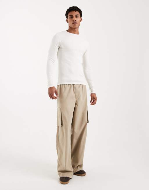 ASOS DESIGN - Essentials - Set van 2 geribbelde muscle fit T-shirts met lange mouwen in crème , 2 van 5