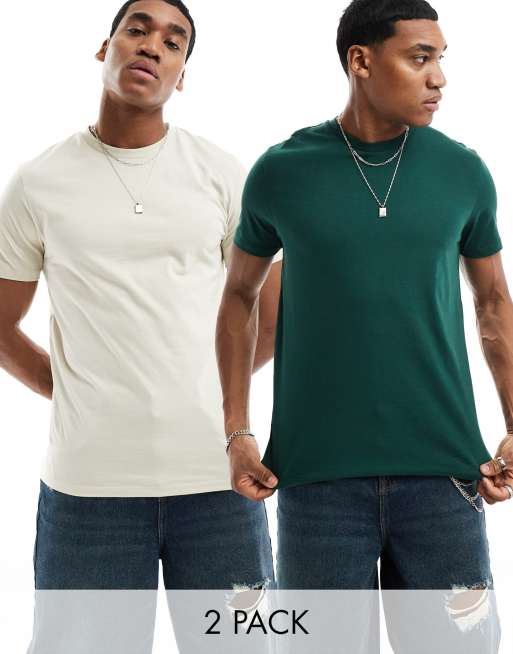 ASOS DESIGN - Essentials - Set van 2 T-shirts met ronde hals in donkergroen en stone