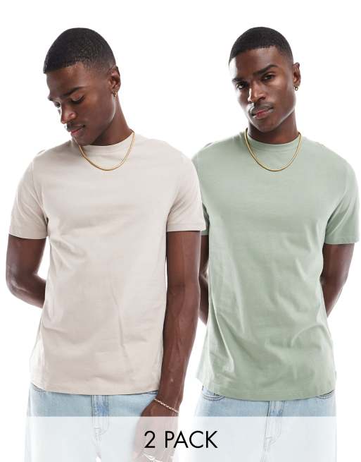 ASOS DESIGN - Essentials - Set van 2 T-shirts met ronde hals in stone en lichtgroen