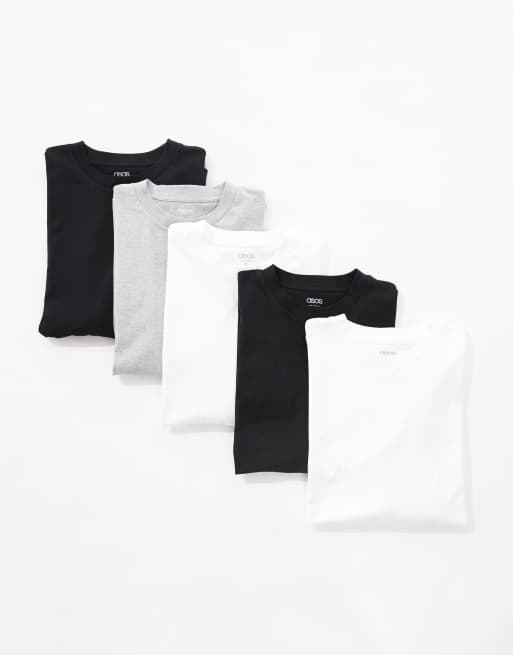 ASOS DESIGN - Essentials - Set van 5 oversized T-shirts in wit, zwart en gemêleerd grijs 