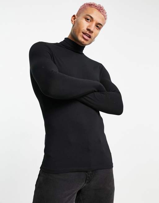 ASOS DESIGN - Essentials - Sort og tætsiddende T-shirt med lange ærmer og høj hals