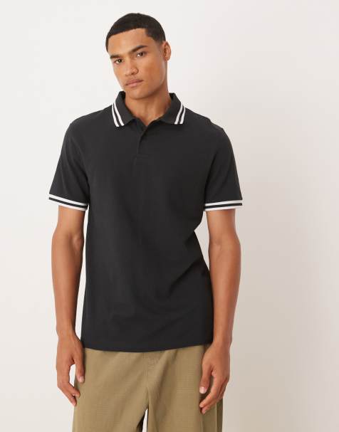 ASOS DESIGN - Essentials - Sort polo i piqué med hvide kantstriber - view 1