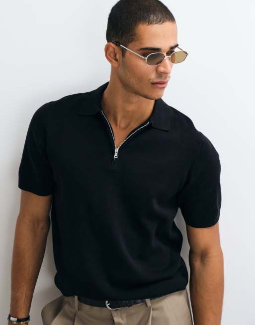 ASOS DESIGN - Essentials - Sort polo i strik af bomuldsblanding med lynlås, 3 af 5
