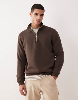 ASOS DESIGN - Essentials - Sweat à col zippé - Marron-Brown