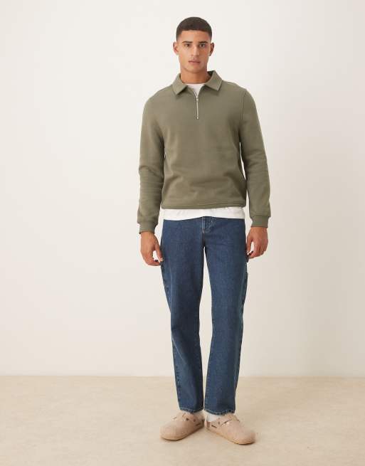 ASOS DESIGN - Essentials - Sweatshirt met kraag, korte rits en vaste zoom in groen, 2 van 5