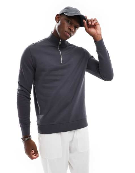 ASOS DESIGN essentials sweatshirt with quarter zip in charcoal - view 1