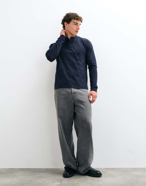 ASOS DESIGN Essentials T-shirt serafino a maniche lunghe in piqué blu navy, 2 di 5