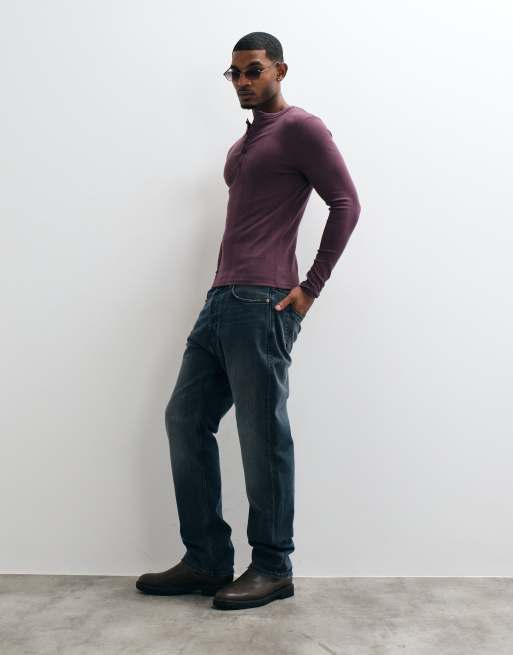 ASOS DESIGN Essentials tætsiddende langærmet Henley-T-shirt i lilla ribstrik, 2 af 5