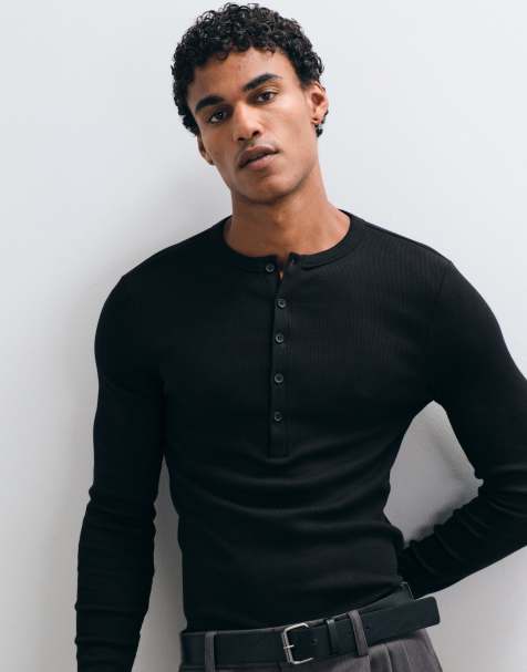ASOS DESIGN Essentials tætsiddende langærmet Henley-T-shirt i sort rib - view 1