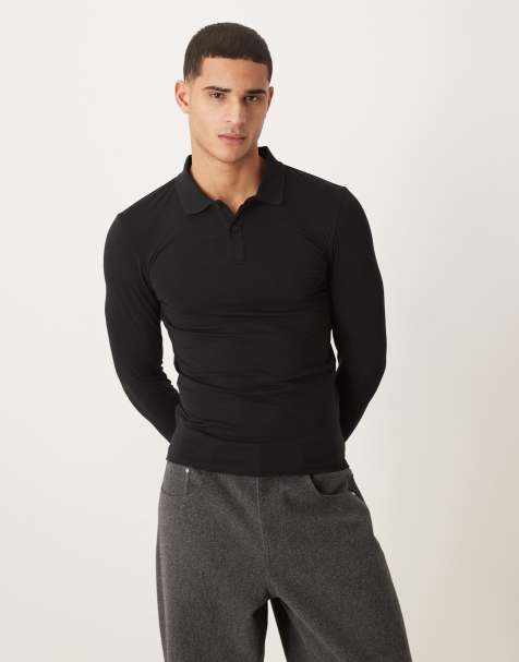 ASOS DESIGN - Essentials - Tætsiddende sort poloskjorte med lange ærmer - view 1