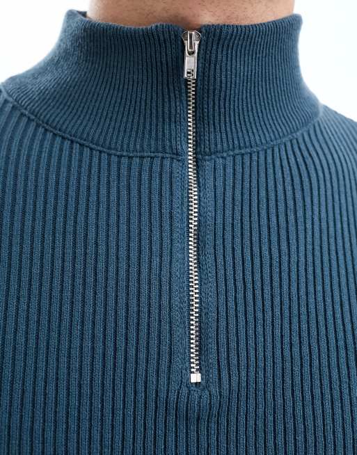 ASOS DESIGN - Essentials - Tætsiddende trøje med 1/2 lynlås i blå strik, 3 af 4