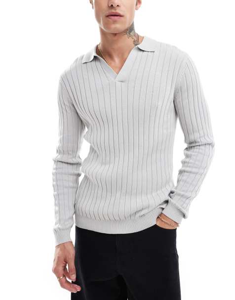 ASOS DESIGN - Essentials - Tætsiddende trøje med halshak i lysegrå ribstrik - view 1