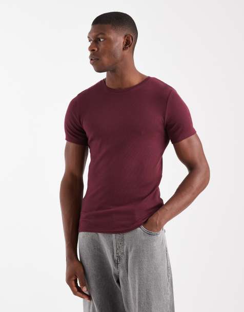 ASOS DESIGN – Essentials – Vinröd, ribbad t-shirt i muscle fit - view 1