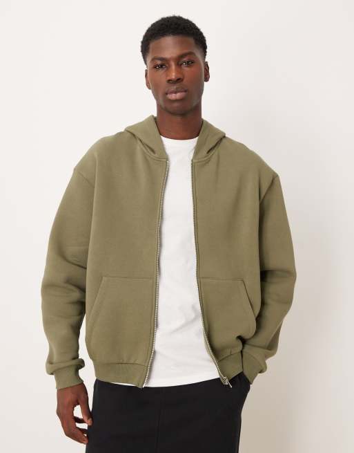 ASOS DESIGN – Essentials – Zapinana na zamek bluza z kapturem o luźnym pudełkowym kroju w zgaszonym kolorze oliwkowym
