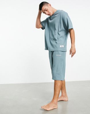 ASOS DESIGN Essentialwear lounge waffle pyjama set in blue