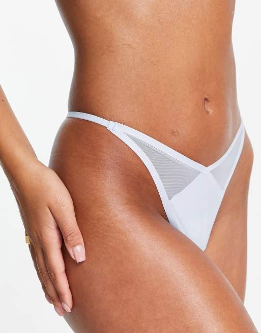 ASOS DESIGN Essie mesh & microfibre thong in blue, 2 of 4