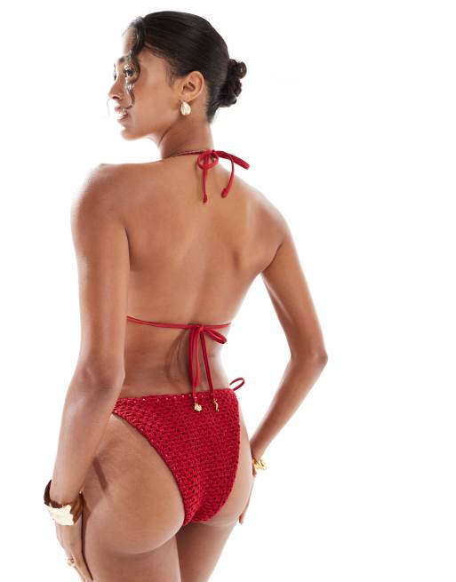 ASOS DESIGN Este charm crochet triangle bikini top in red