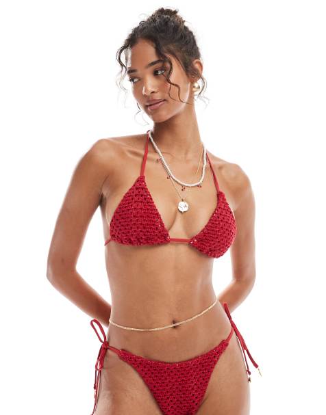 ASOS DESIGN – Este – Röd, virkad bikiniöverdel i trekantsmodell med berlocker - view 1