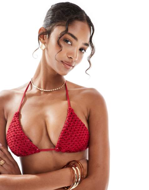 ASOS DESIGN - Este - Top bikini a triangolo rosso all'uncinetto con charms - view 1