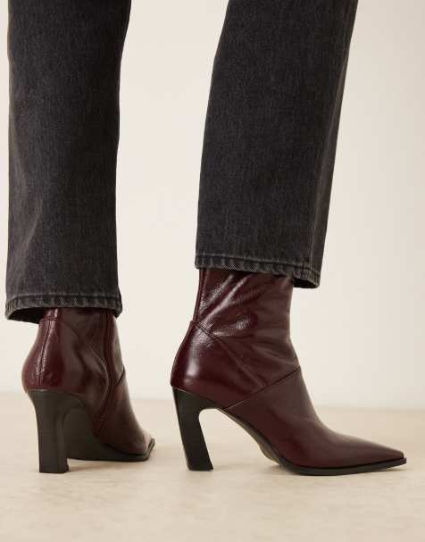 ASOS DESIGN Estella leather chisel toe ankle boots in burgundy - view 1