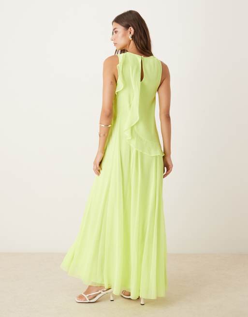 ASOS DESIGN – Etui-Maxikleid in Limettengrün mit Racerrücken und Rüschen, 3 von 4