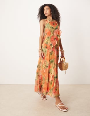 ASOS DESIGN - Etui-Maxikleid mit Blumenmuster, Racerrücken und Rüschen-Bunt