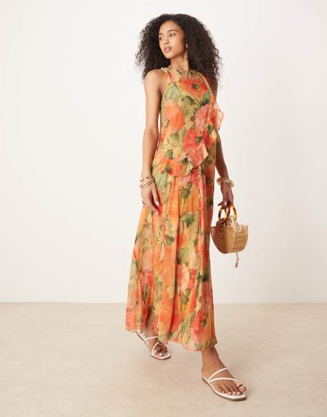 ASOS DESIGN – Etui-Maxikleid mit Blumenmuster, Racerrücken und Rüschen - view 1