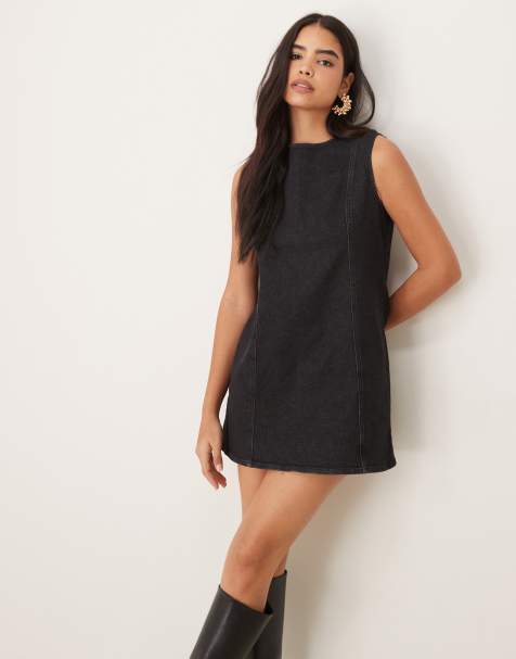 ASOS DESIGN – Etuikleid aus Denim in verwaschenem Schwarz mit Ziernähten - view 1