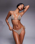 [ASOS DESIGN] ASOS DESIGN Eva towelling tie front triangle bikini top in brown stripe 6 Brown stripe