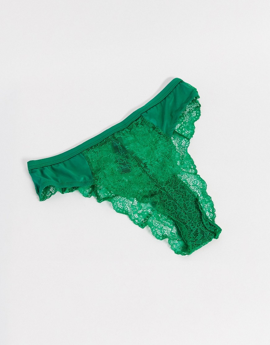 ASOS DESIGN Evanna hipster bikini bottom with satin & lace trim-Green
