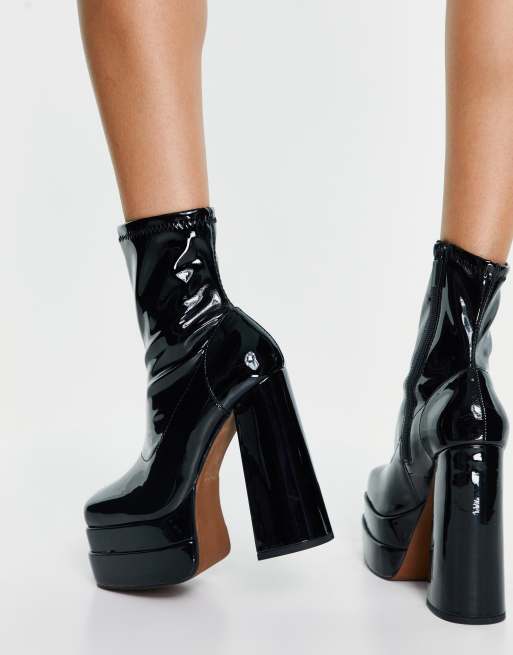 ASOS DESIGN Evelyn high-heeled platform boots in black patent | ASOS