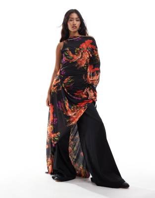 ASOS DESIGN evening dress with extreme draping in oversized floral print |  ASOS