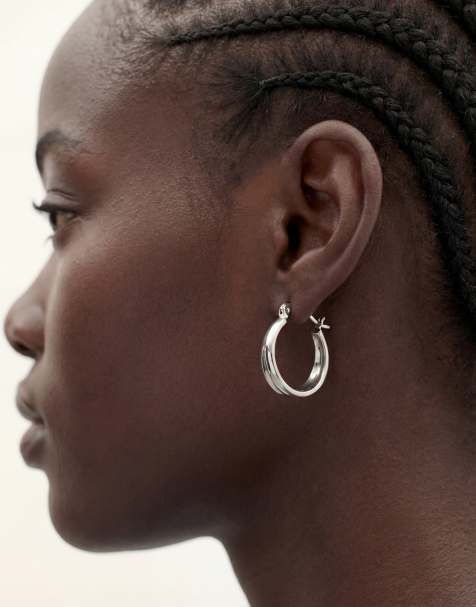 ASOS DESIGN everyday hoop earrings with double loop design in silver tone - view 1