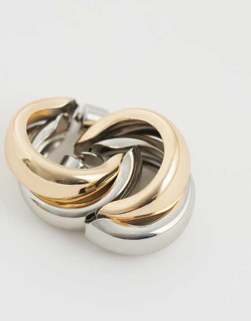 ASOS DESIGN - Everyday - Orecchino a cerchio piccolo con design incrociato color argento e oro misto, 4 di 5