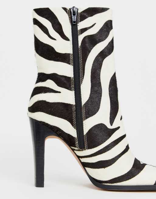 ASOS DESIGN Evolution leather high ankle boots in zebra pony