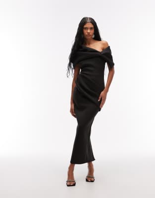 Asos Design Exaggerated Bardot Midi Dress In Black