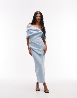 Asos Design Exaggerated Bardot Midi Dress In Blue