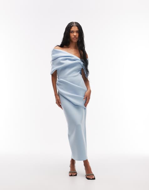 ASOS DESIGN exaggerated bardot midi dress in pale blue scuba-style fabric - view 1