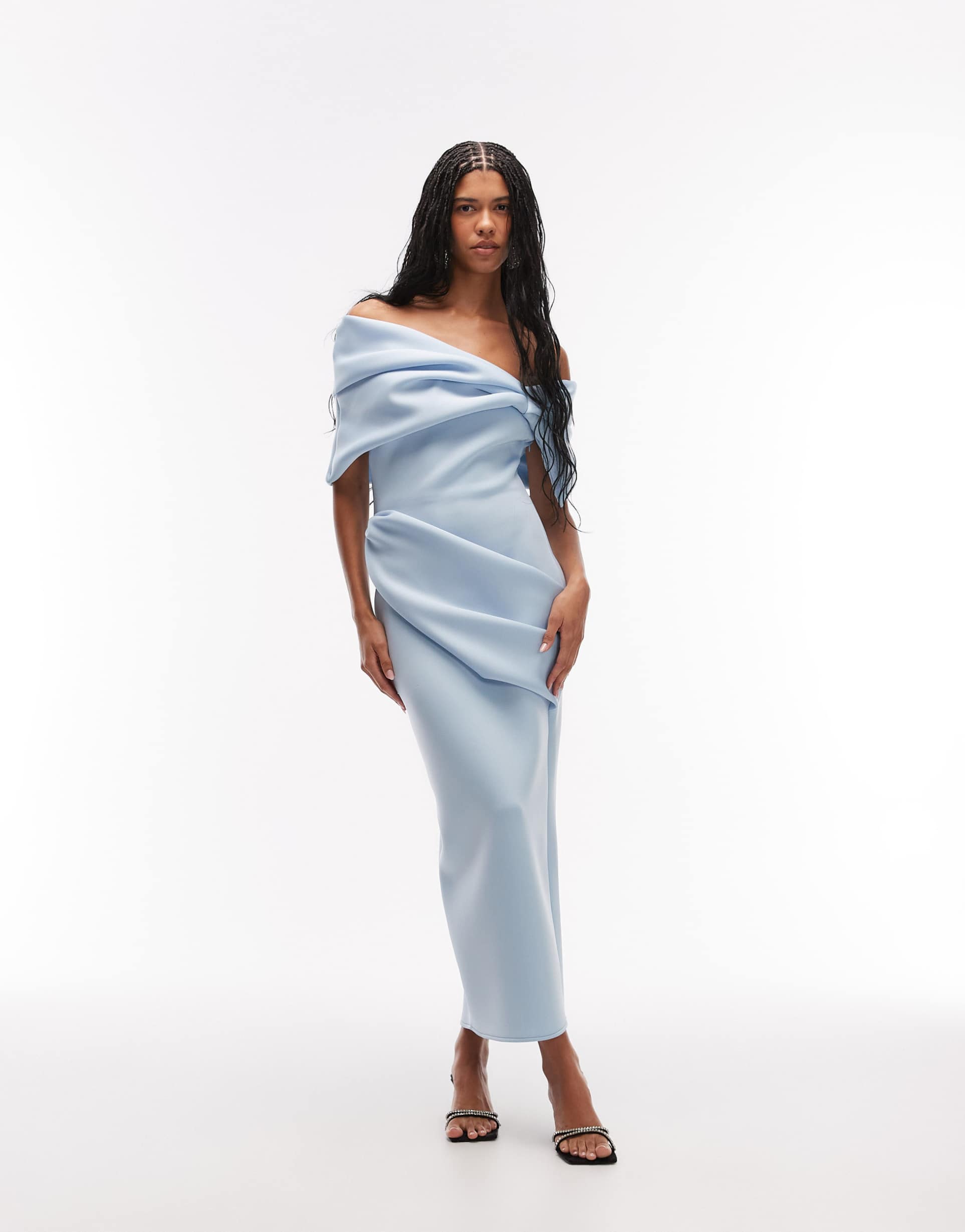 asos design exaggerated bardot midi dress in pale blue scuba-style fabric