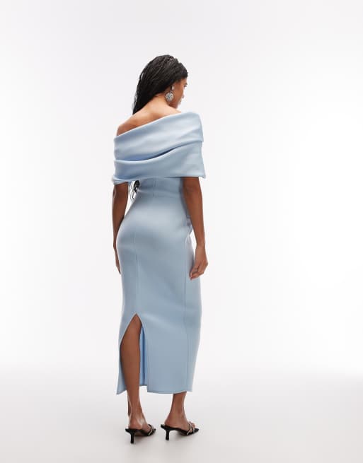 ASOS DESIGN exaggerated bardot midi dress in pale blue scuba-style fabric, 2 of 4
