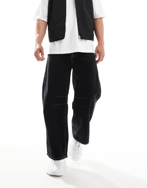 ASOS DESIGN exaggerated barrel jeans with contrast stitch in washed black, 4 of 5