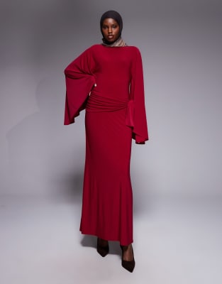 ASOS DESIGN exaggerated batwing cinched waist maxi dress in fuchsia pink