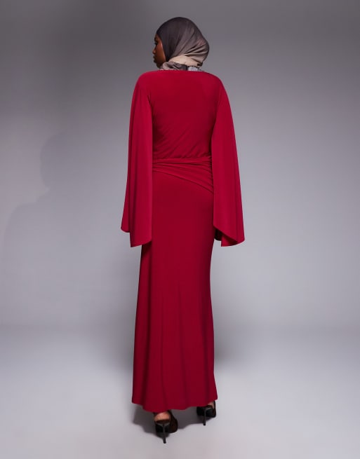 ASOS DESIGN exaggerated batwing cinched waist maxi dress in fuchsia pink, 4 of 4