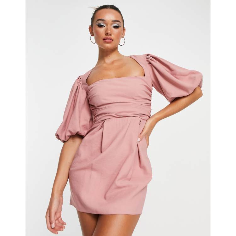 ASOS DESIGN exaggerated blouson sleeve mini dress with wrap waist in taupe