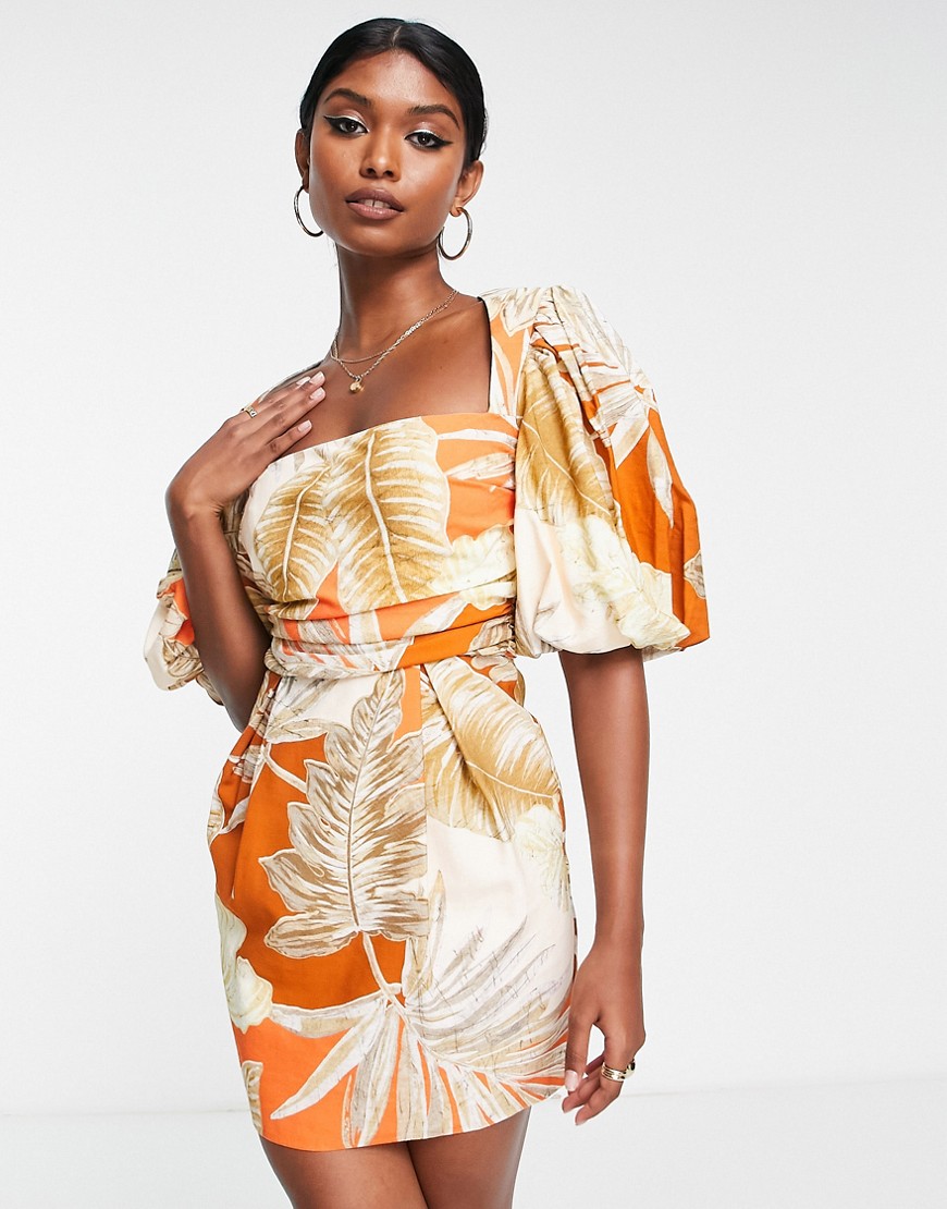 ASOS DESIGN exaggerated blouson sleeve mini dress with wrap waist in tropical palm print-Multi