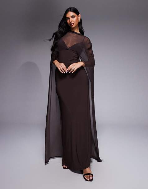 ASOS DESIGN exaggerated cape maxi dress in chocolate - view 1